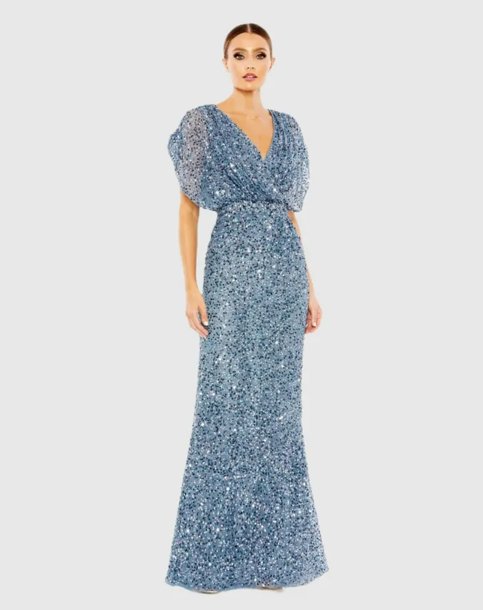 Women Mac Duggal Blue Draped Sleeve V Neck Gown Slate Blue Evening Gowns