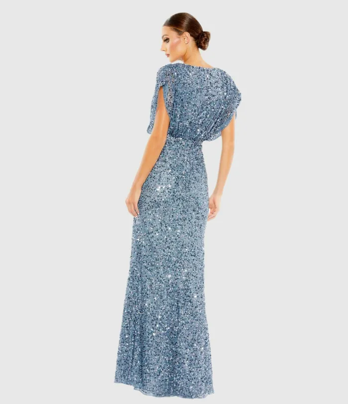 Women Mac Duggal Blue Draped Sleeve V Neck Gown Slate Blue Evening Gowns
