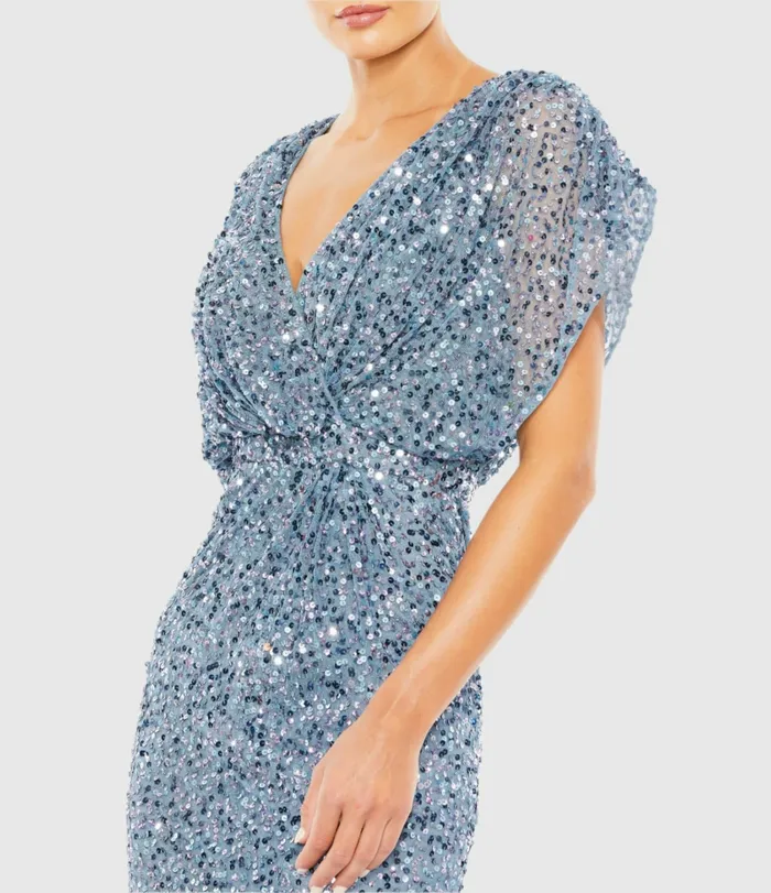 Women Mac Duggal Blue Draped Sleeve V Neck Gown Slate Blue Evening Gowns