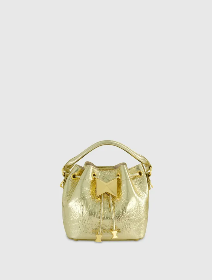 Women Mac Duggal Crinkle Metallic Gold Leather Mini Bucket Bag with Detachable Strap 8211 Gold Top Handle Bags