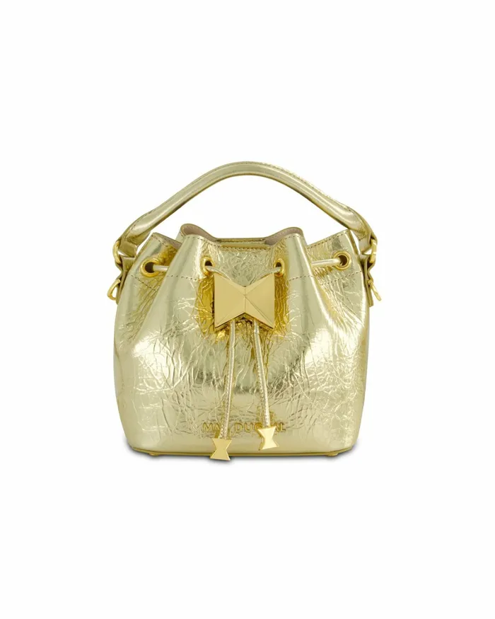Women Mac Duggal Crinkle Metallic Gold Leather Mini Bucket Bag with Detachable Strap 8211 Gold Top Handle Bags