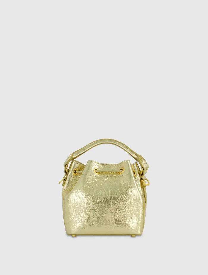 Women Mac Duggal Crinkle Metallic Gold Leather Mini Bucket Bag with Detachable Strap 8211 Gold Top Handle Bags