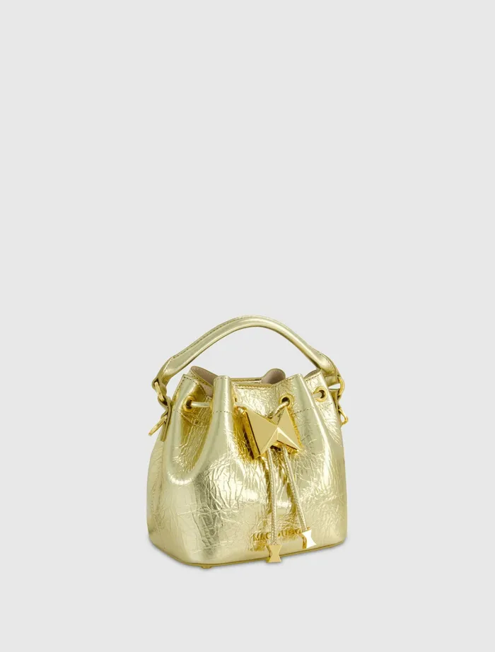 Women Mac Duggal Crinkle Metallic Gold Leather Mini Bucket Bag with Detachable Strap 8211 Gold Top Handle Bags