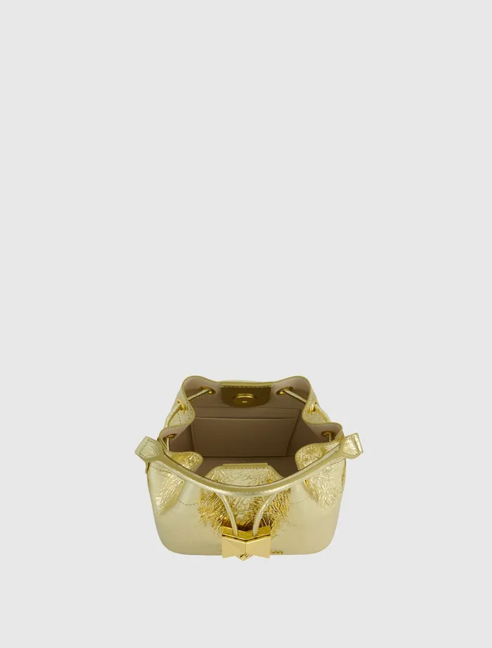 Women Mac Duggal Crinkle Metallic Gold Leather Mini Bucket Bag with Detachable Strap 8211 Gold Top Handle Bags