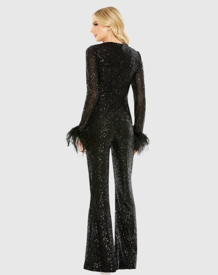Women Mac Duggal Feather Cuff Sequined V Neck Jumpsuit Black Jumpsuits and Rompers Women Mac Duggal Feather Cuff Sequined V Neck Jumpsuit Black Jumpsuits and Rompers