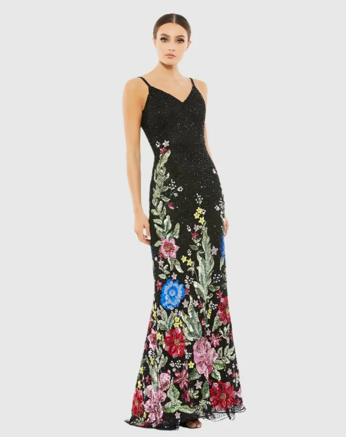 Women Mac Duggal Floral Embellished Spaghetti Strap Gown Black Multi Evening Gowns