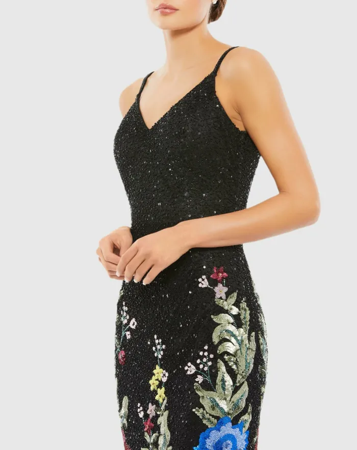 Women Mac Duggal Floral Embellished Spaghetti Strap Gown Black Multi Evening Gowns