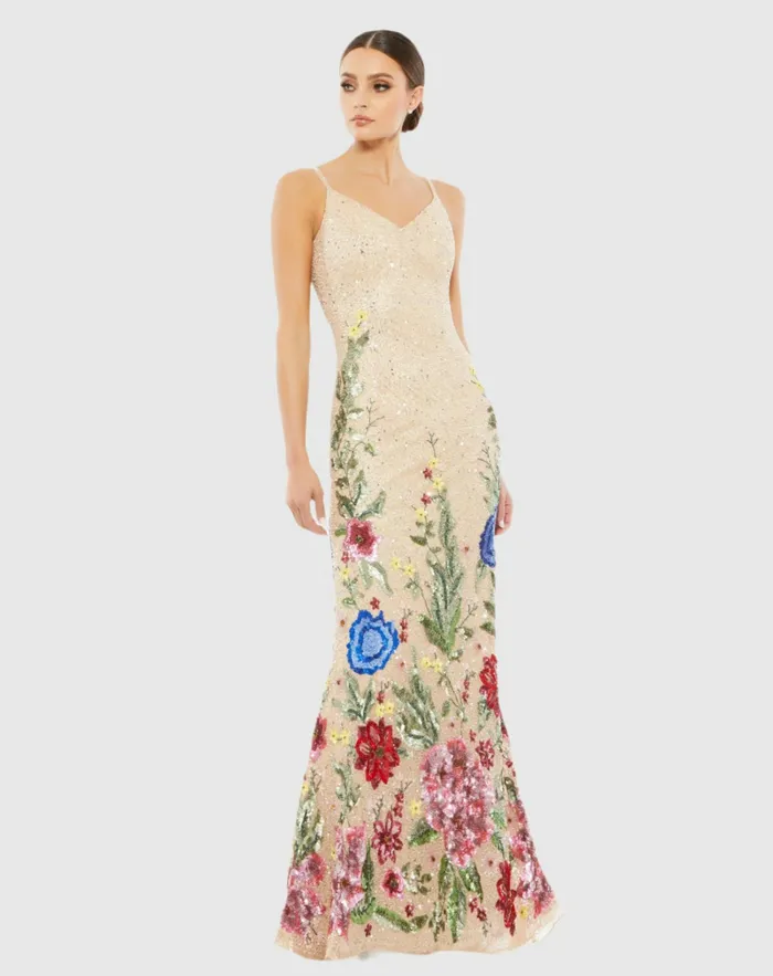Women Mac Duggal Floral Embellished Spaghetti Strap Gown Black Multi Evening Gowns