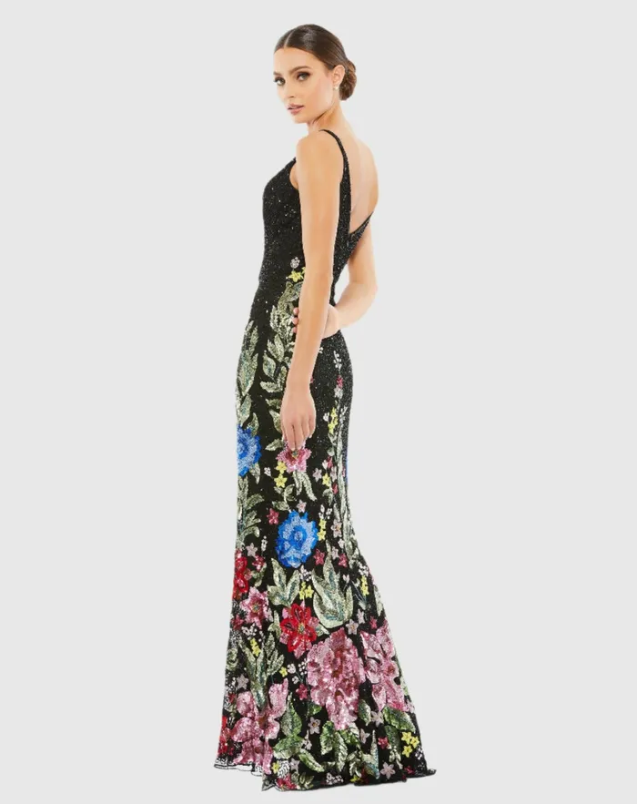 Women Mac Duggal Floral Embellished Spaghetti Strap Gown Black Multi Evening Gowns