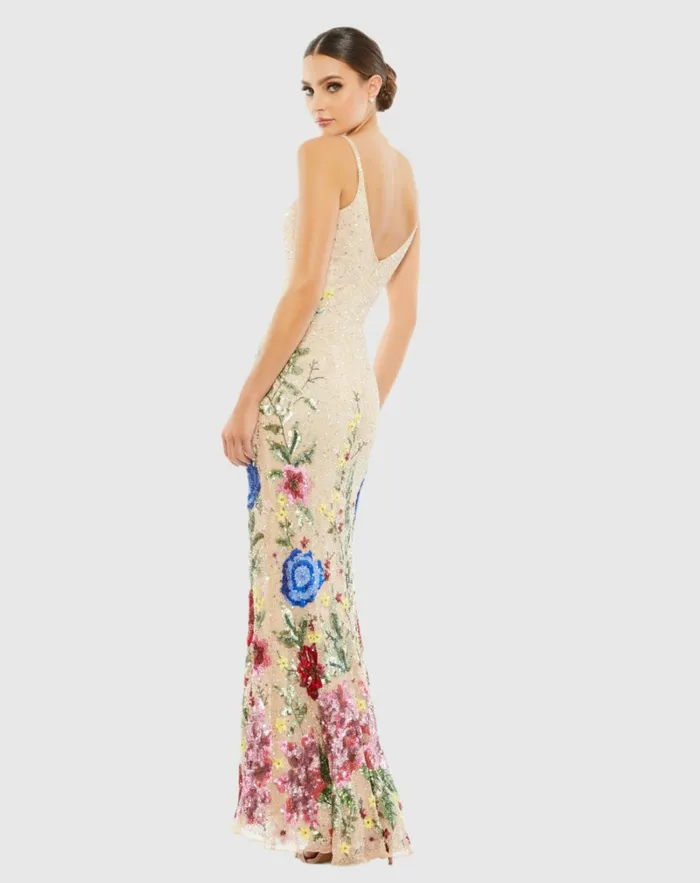 Women Mac Duggal Floral Embellished Spaghetti Strap Gown Black Multi Evening Gowns