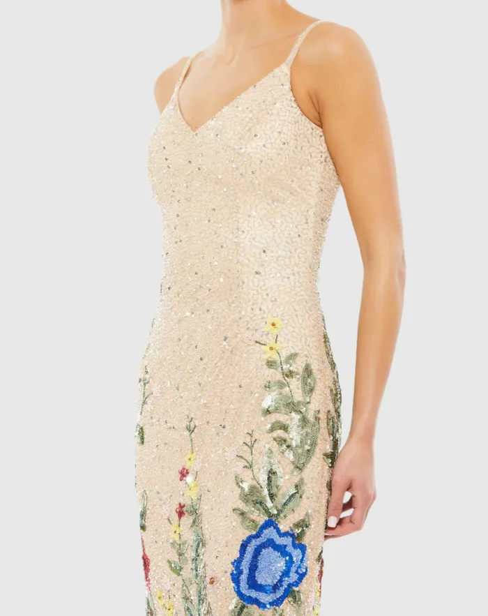 Women Mac Duggal Floral Embellished Spaghetti Strap Gown Black Multi Evening Gowns