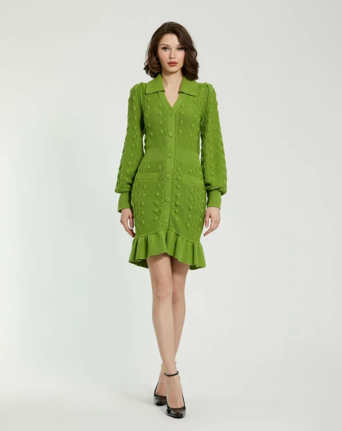 Women Mac Duggal Long Sleeve Button Up Collared Bobble Knit Sweater Dress Pear Knitwear