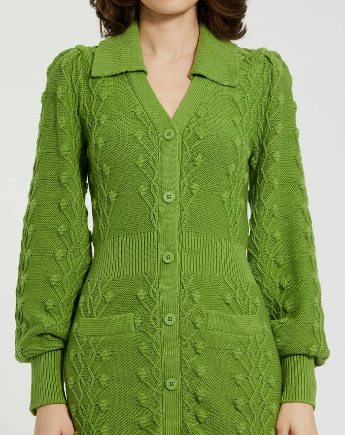Women Mac Duggal Long Sleeve Button Up Collared Bobble Knit Sweater Dress Pear Knitwear