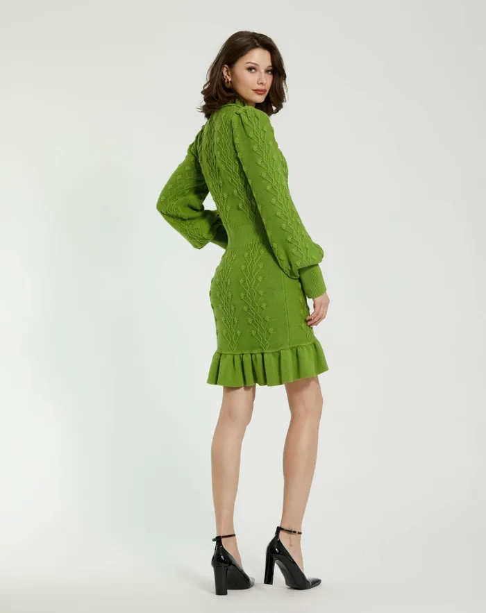 Women Mac Duggal Long Sleeve Button Up Collared Bobble Knit Sweater Dress Pear Knitwear