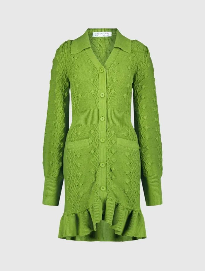 Women Mac Duggal Long Sleeve Button Up Collared Bobble Knit Sweater Dress Pear Knitwear