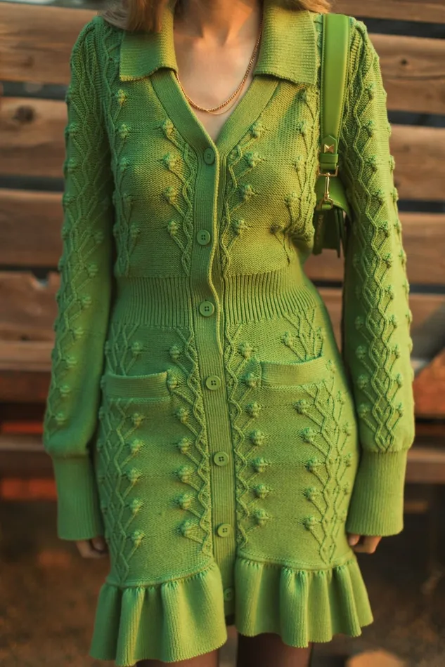 Women Mac Duggal Long Sleeve Button Up Collared Bobble Knit Sweater Dress Pear Knitwear