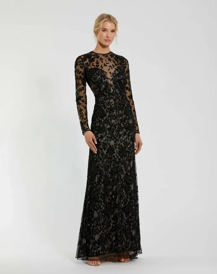 Women Mac Duggal Long Sleeve Floral Embellished Gown Black Nude Evening Gowns