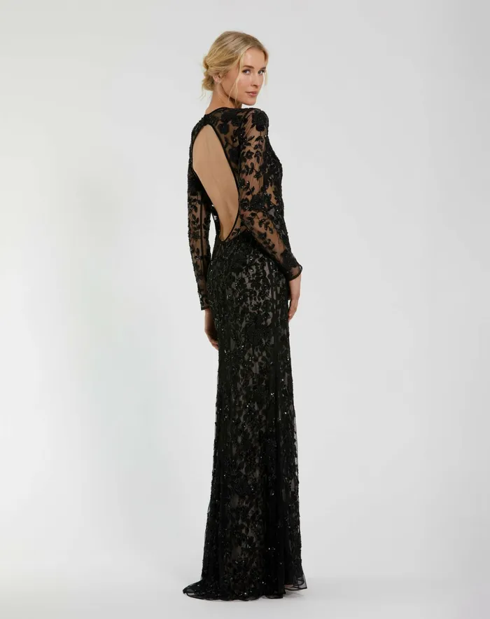 Women Mac Duggal Long Sleeve Floral Embellished Gown Black Nude Evening Gowns