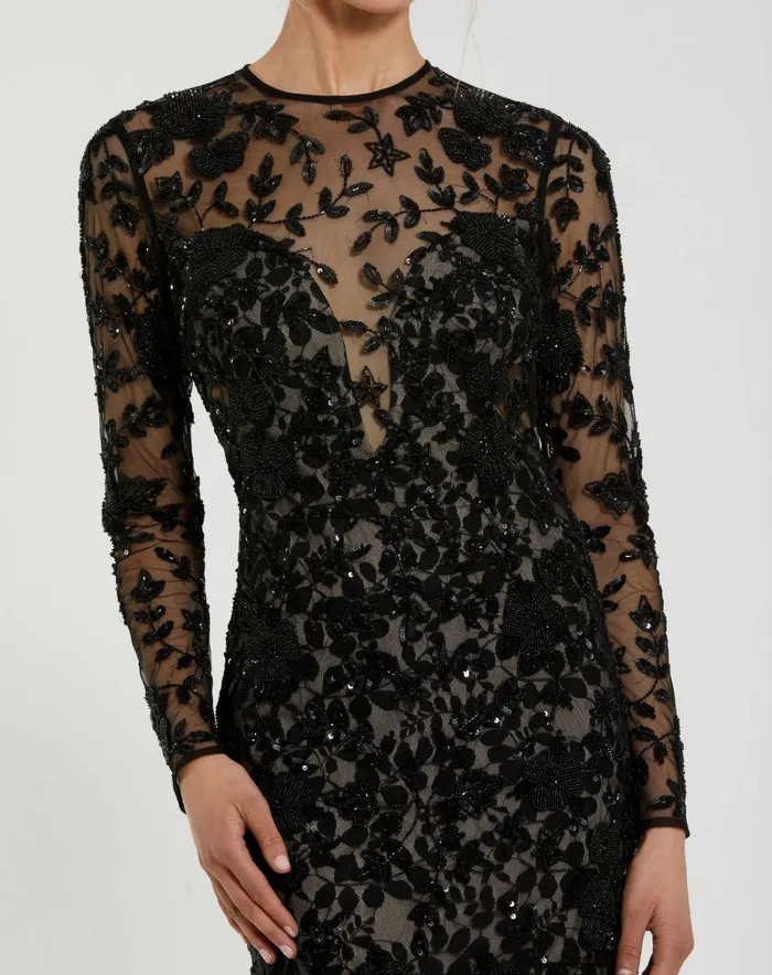Women Mac Duggal Long Sleeve Floral Embellished Gown Black Nude Evening Gowns