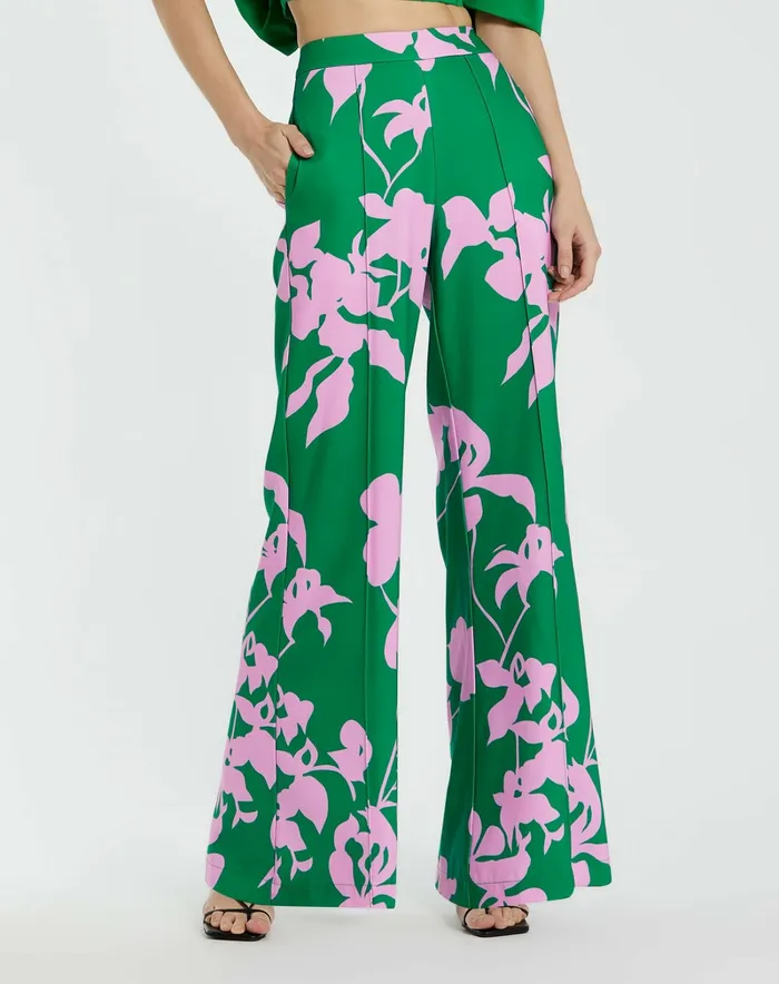 Women Mac Duggal Printed High Waisted Wide Leg Trouser Pant Green Multi Pants