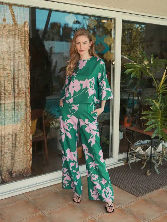 Women Mac Duggal Printed High Waisted Wide Leg Trouser Pant Green Multi Pants
