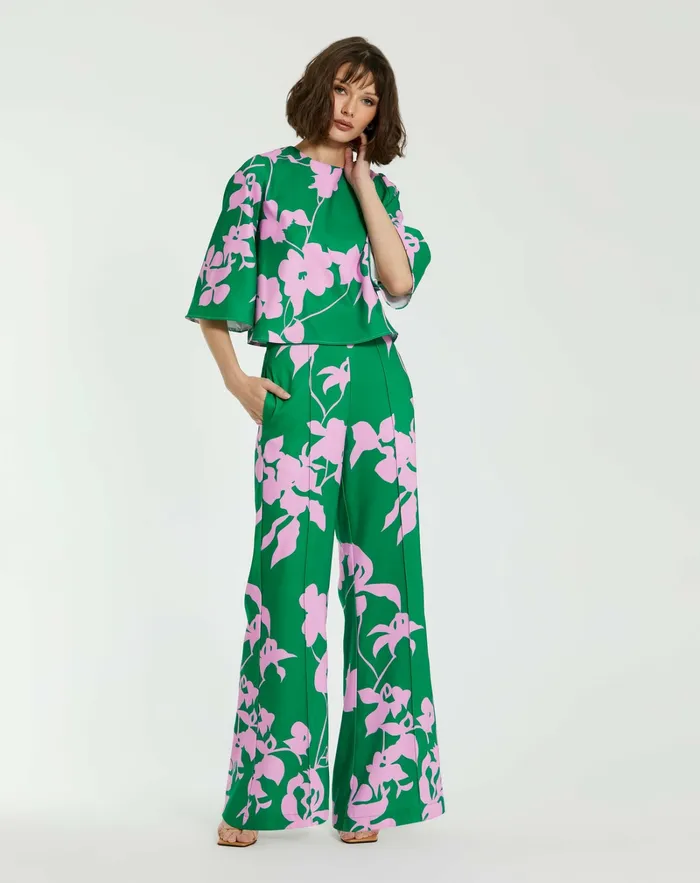 Women Mac Duggal Printed High Waisted Wide Leg Trouser Pant Green Multi Pants
