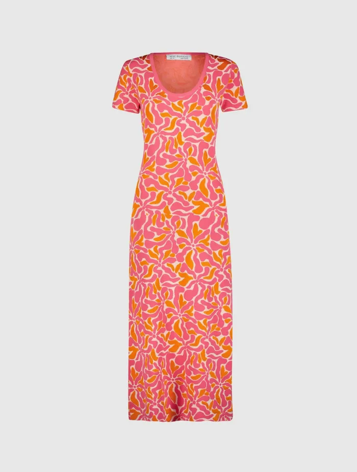 Women Mac Duggal Short Sleeve Scoop Neck Floral Knit Maxi Dress 8211 FINAL SALE Hot Pink Multi Knitwear