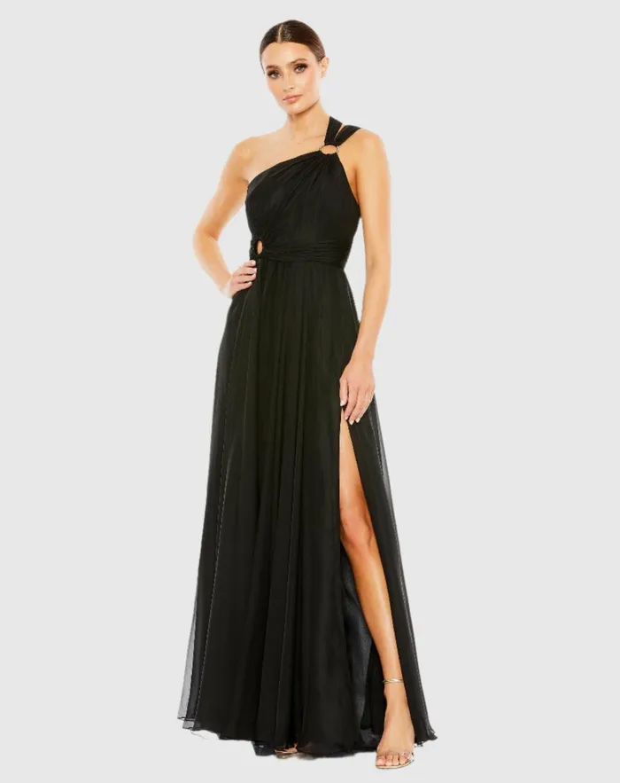 Women Mac Duggal Strappy One Shoulder A Line Gown Black Evening Gowns