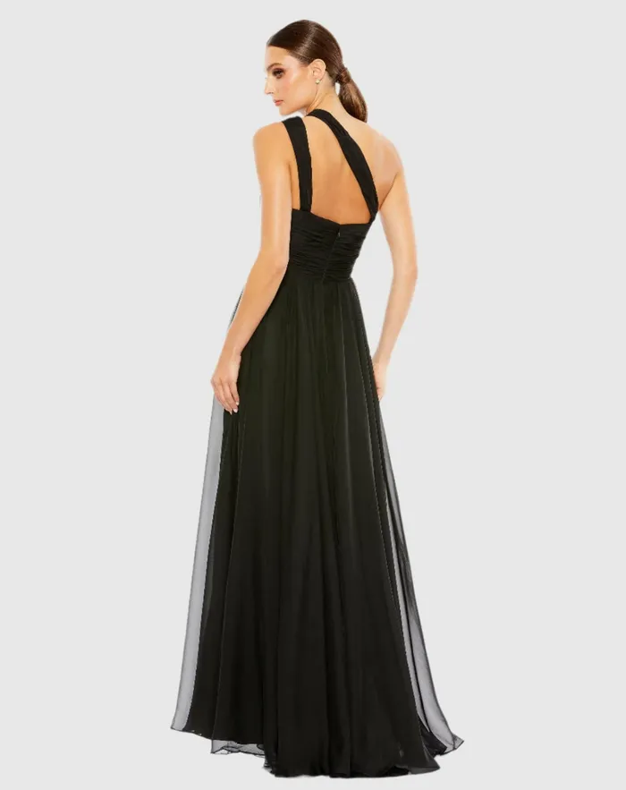Women Mac Duggal Strappy One Shoulder A Line Gown Black Evening Gowns