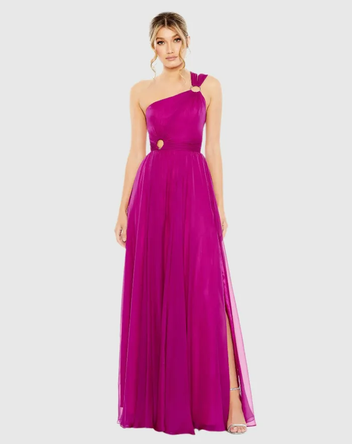 Women Mac Duggal Strappy One Shoulder A Line Gown Black Evening Gowns