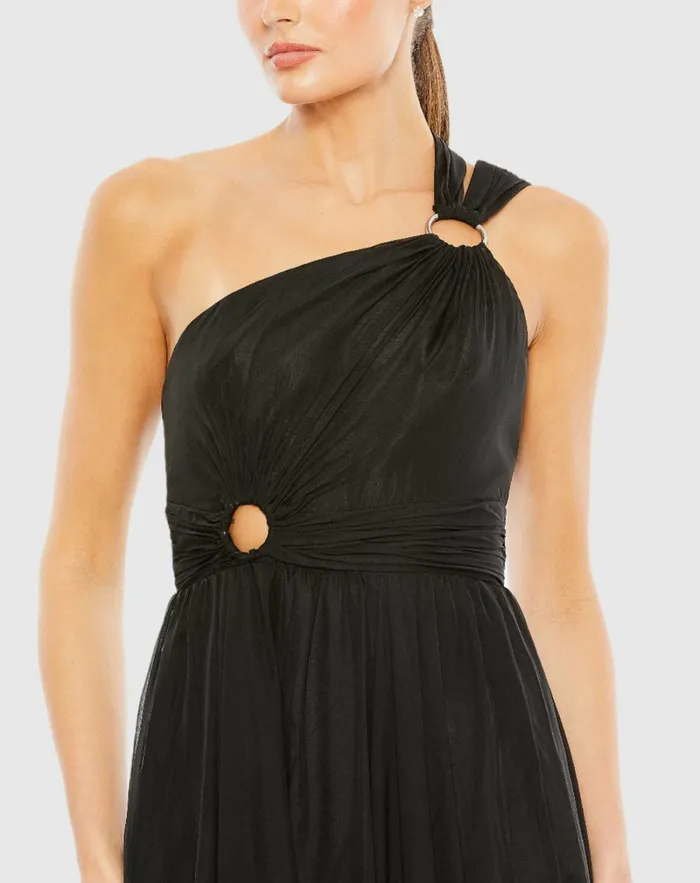 Women Mac Duggal Strappy One Shoulder A Line Gown Black Evening Gowns