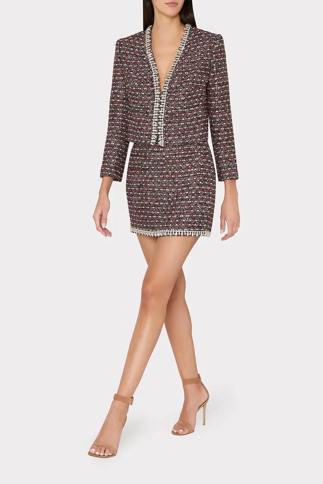 Women Matching Sets Milly Nika Tweed Crystal Embellished Mini Skirt Scarlet Multi Women Matching Sets Milly Nika Tweed Crystal Embellished Mini Skirt Scarlet Multi