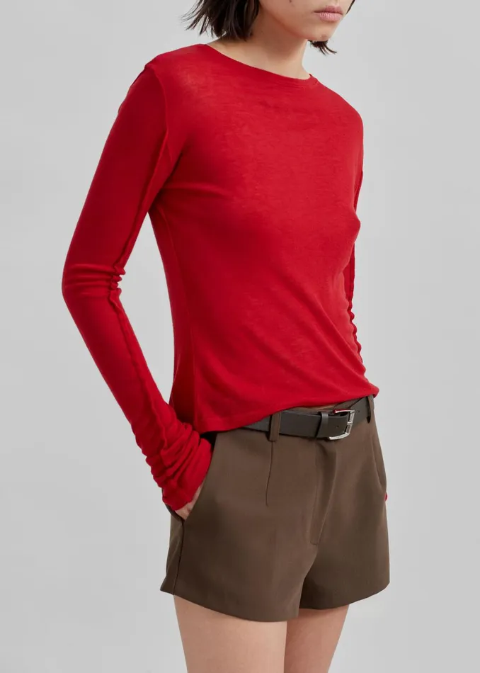 Women Mesa Sheer Long Sleeve Tee 8211 Red The Frankie Shop Tops