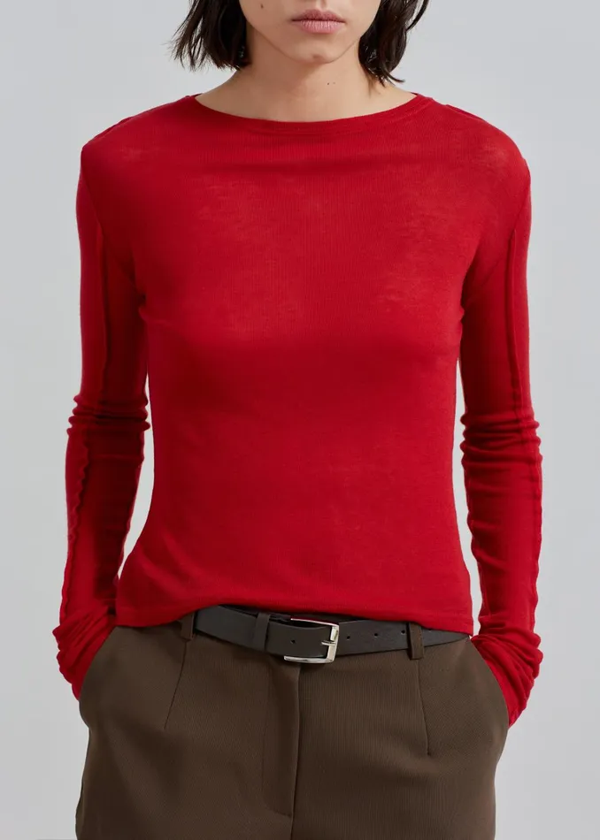 Women Mesa Sheer Long Sleeve Tee 8211 Red The Frankie Shop Tops