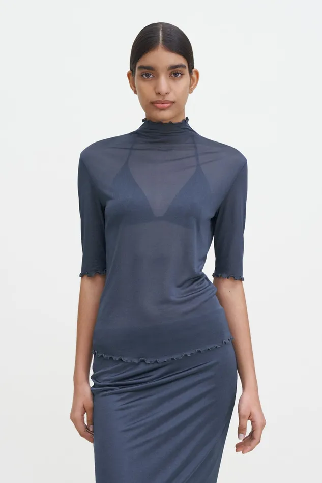 Women Mock Neck Frill Top Dawn Blue Filippa K Tops
