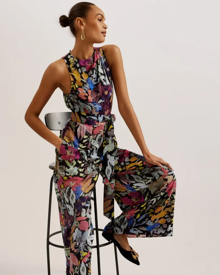 Women ORTA 8211 Floral Wide Leg Jumpsuit With Tie Waist Black Ted Baker Jumpsuits and Playsuits
