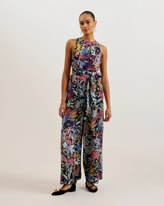 Women ORTA 8211 Floral Wide Leg Jumpsuit With Tie Waist Black Ted Baker Jumpsuits and Playsuits