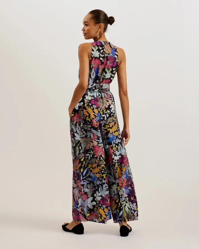 Women ORTA 8211 Floral Wide Leg Jumpsuit With Tie Waist Black Ted Baker Jumpsuits and Playsuits