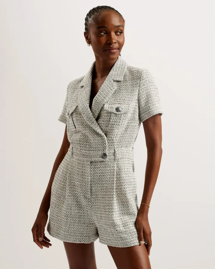 Women OSAMUD 8211 Tailored Boucle Wrap Playsuit Ivory Ted Baker Jumpsuits and Playsuits