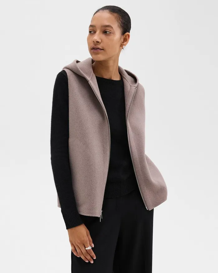 Women Outerwear Theory Hooded ZipUp Vest In DoubleFace WoolCashmere Cinder Melange