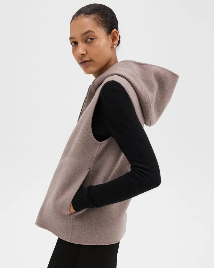 Women Outerwear Theory Hooded ZipUp Vest In DoubleFace WoolCashmere Cinder Melange