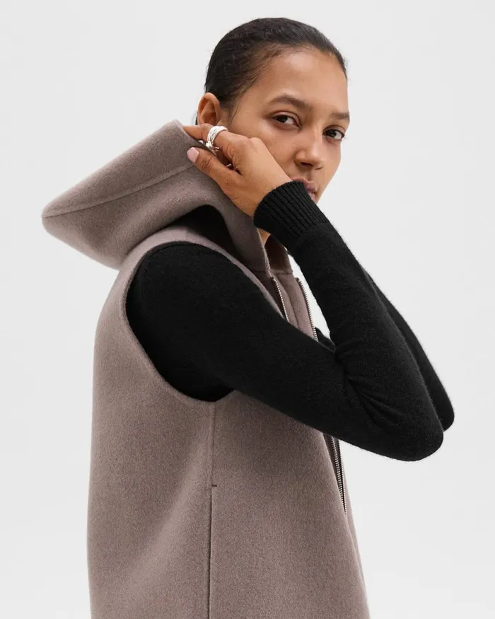 Women Outerwear Theory Hooded ZipUp Vest In DoubleFace WoolCashmere Cinder Melange