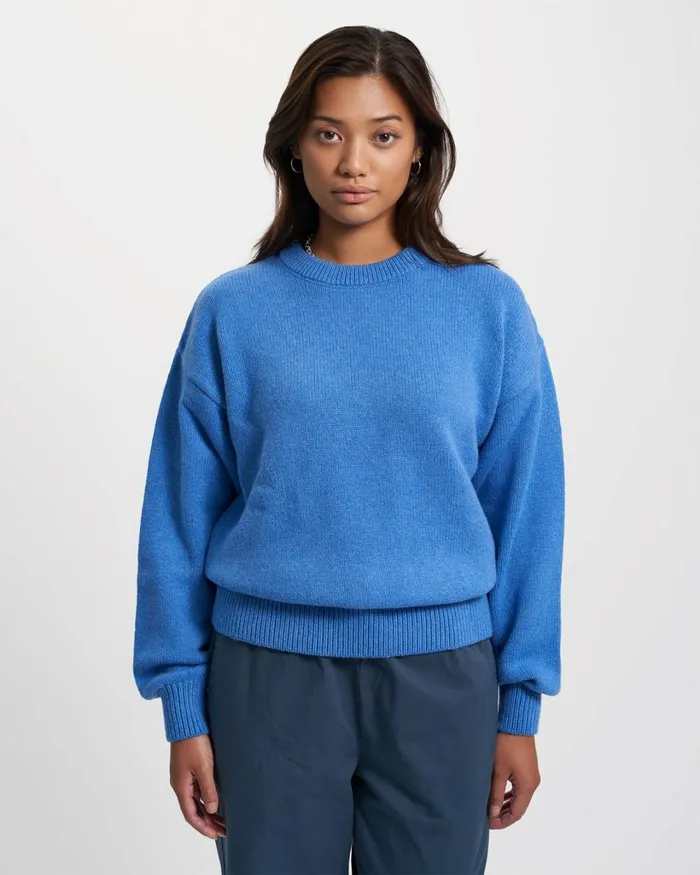 Women Oversized Merino Wool Crew Pacific Blue Colorful Standard Knit Sweaters