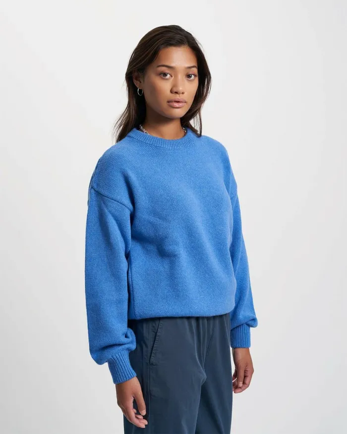 Women Oversized Merino Wool Crew Pacific Blue Colorful Standard Knit Sweaters