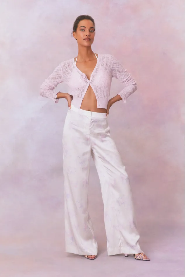 Women Pants and Shorts LoveShackFancy Daniya Wide Leg Printed Silk Pants Lilac Pearl