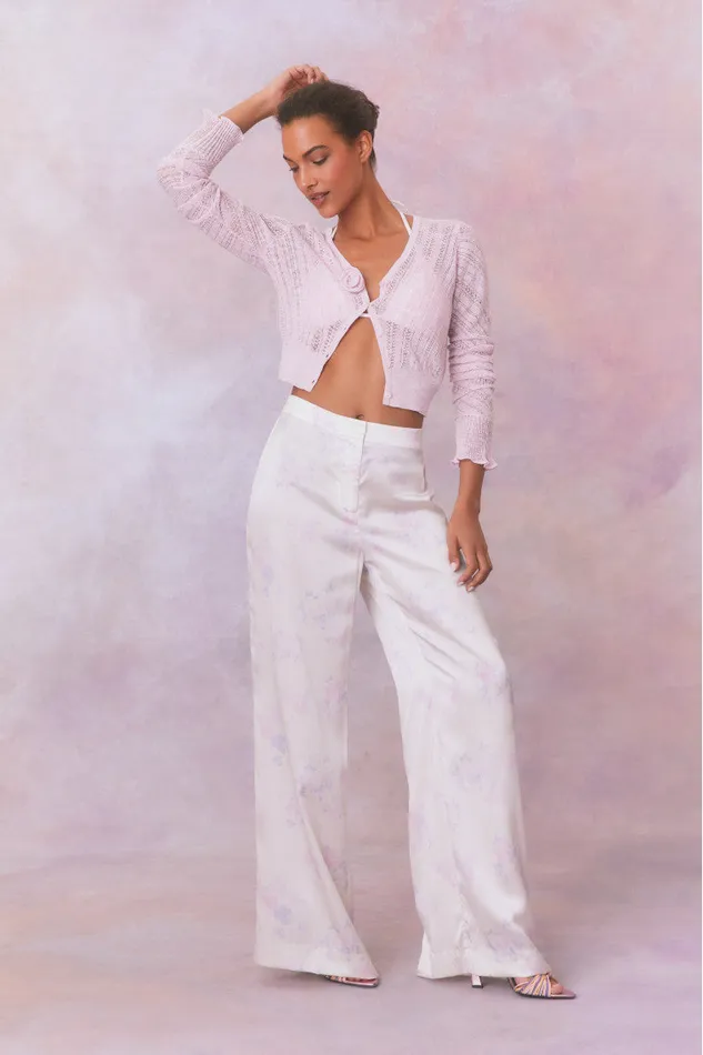 Women Pants and Shorts LoveShackFancy Daniya Wide Leg Printed Silk Pants Lilac Pearl