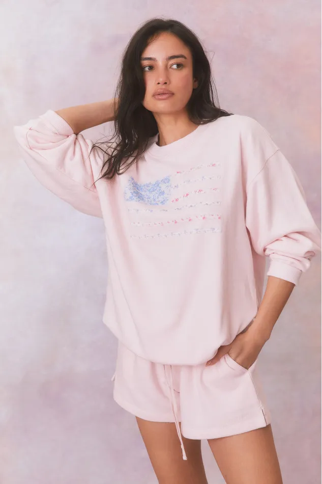 Women Pants and Shorts LoveShackFancy Zenaida Fleece Logo Shorts Wistful Pink