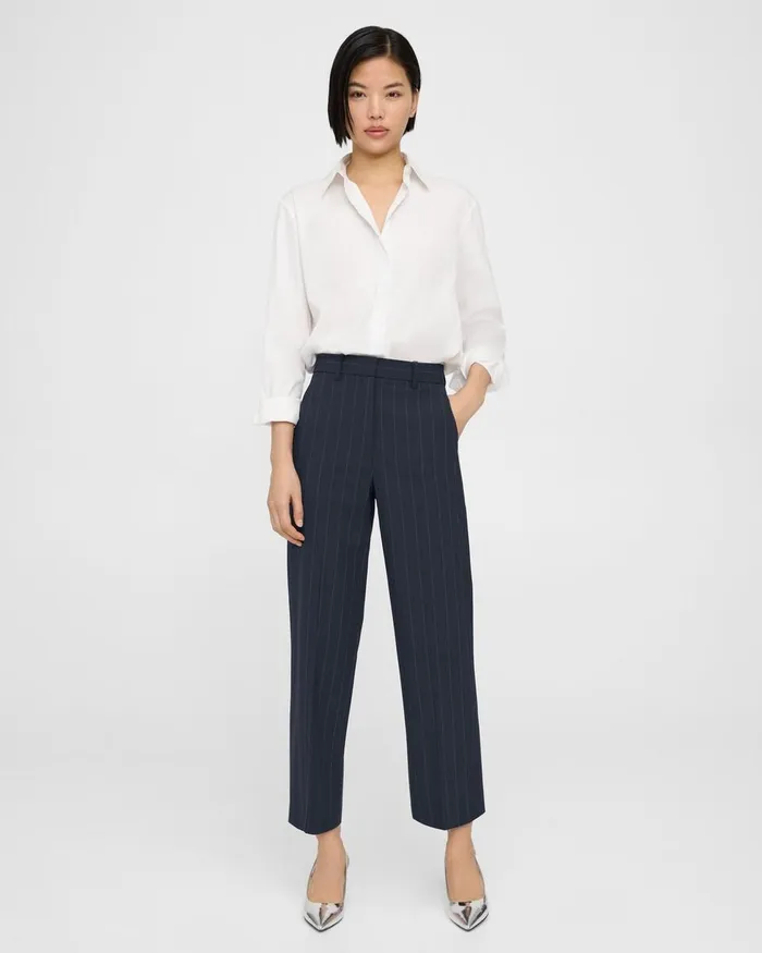 Women Pants Theory HighWaist StraightLeg Pant In Striped Stretch Wool Deep Navy