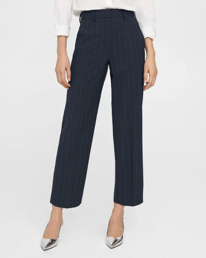 Women Pants Theory HighWaist StraightLeg Pant In Striped Stretch Wool Deep Navy