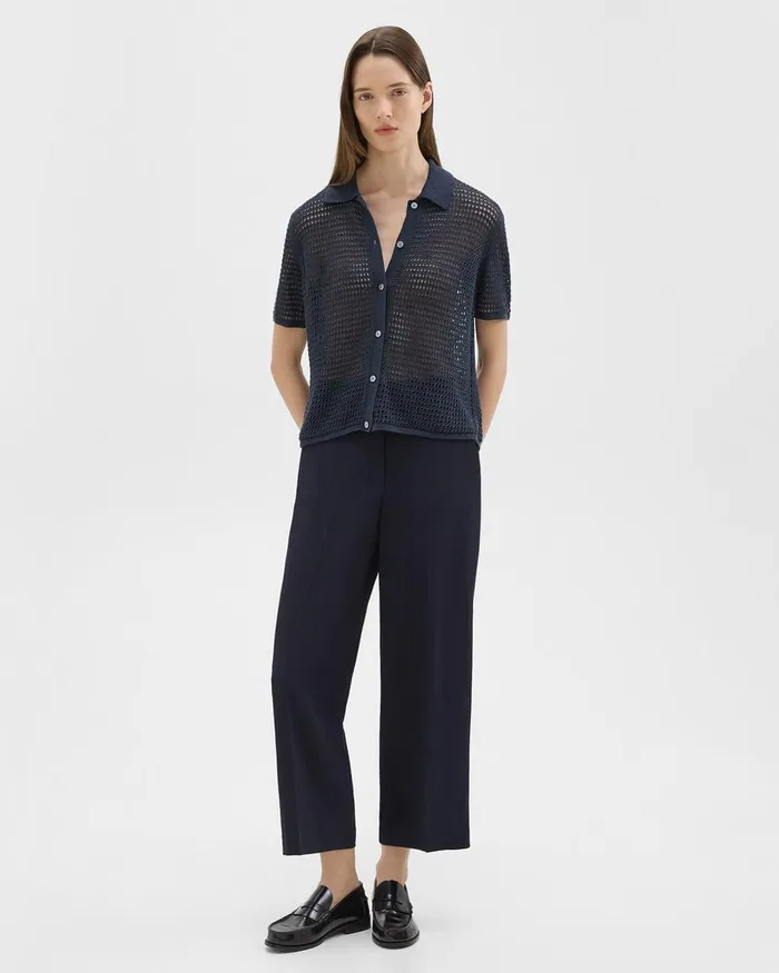 Women Pants Theory Straight PullOn Pant In Striped Admiral Crepe Nocturne Navy